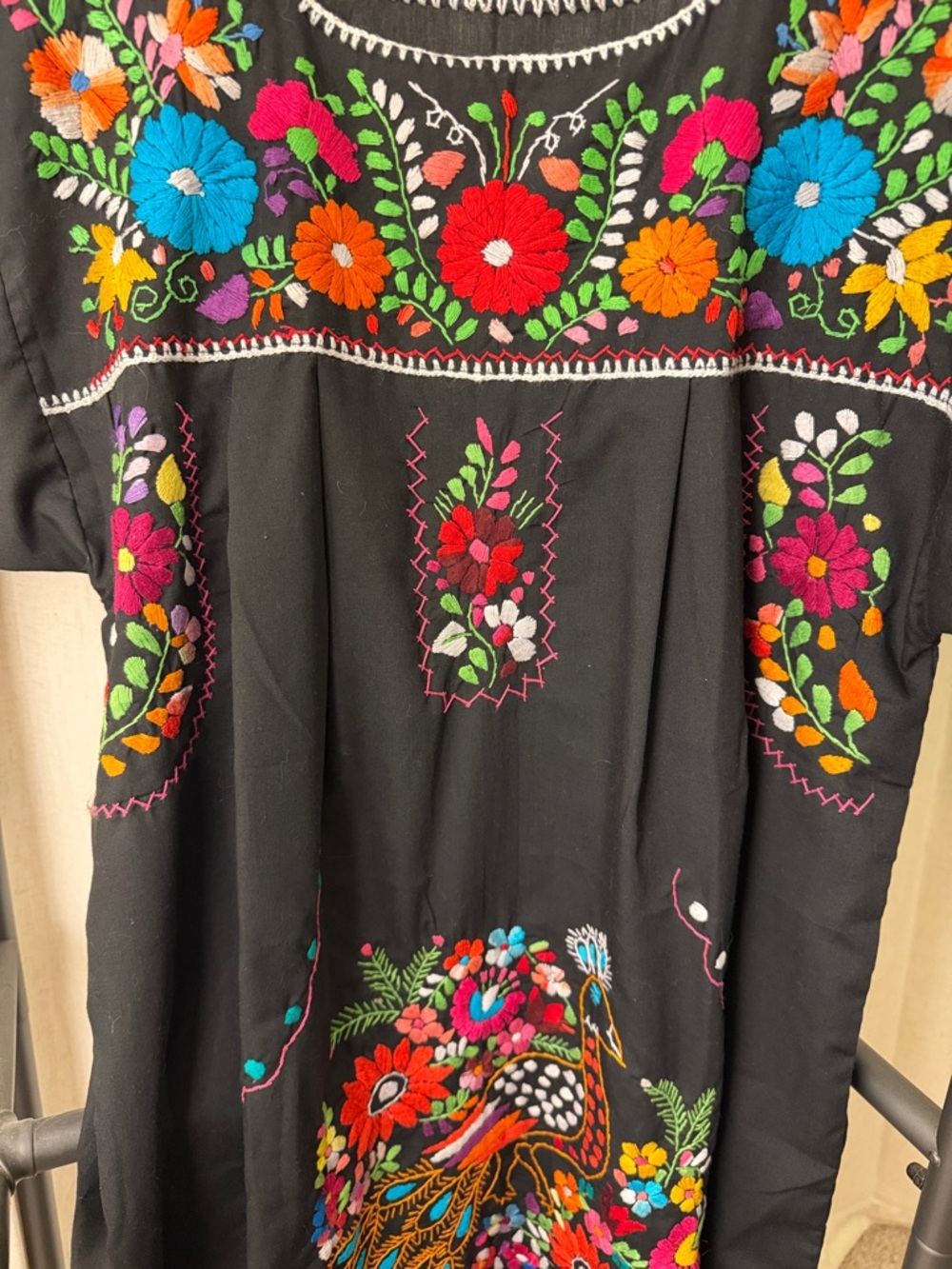 Traditional Mexican Black Embroidered Floral Maxi Dress with Peacock Motif - Picture 4 of 5